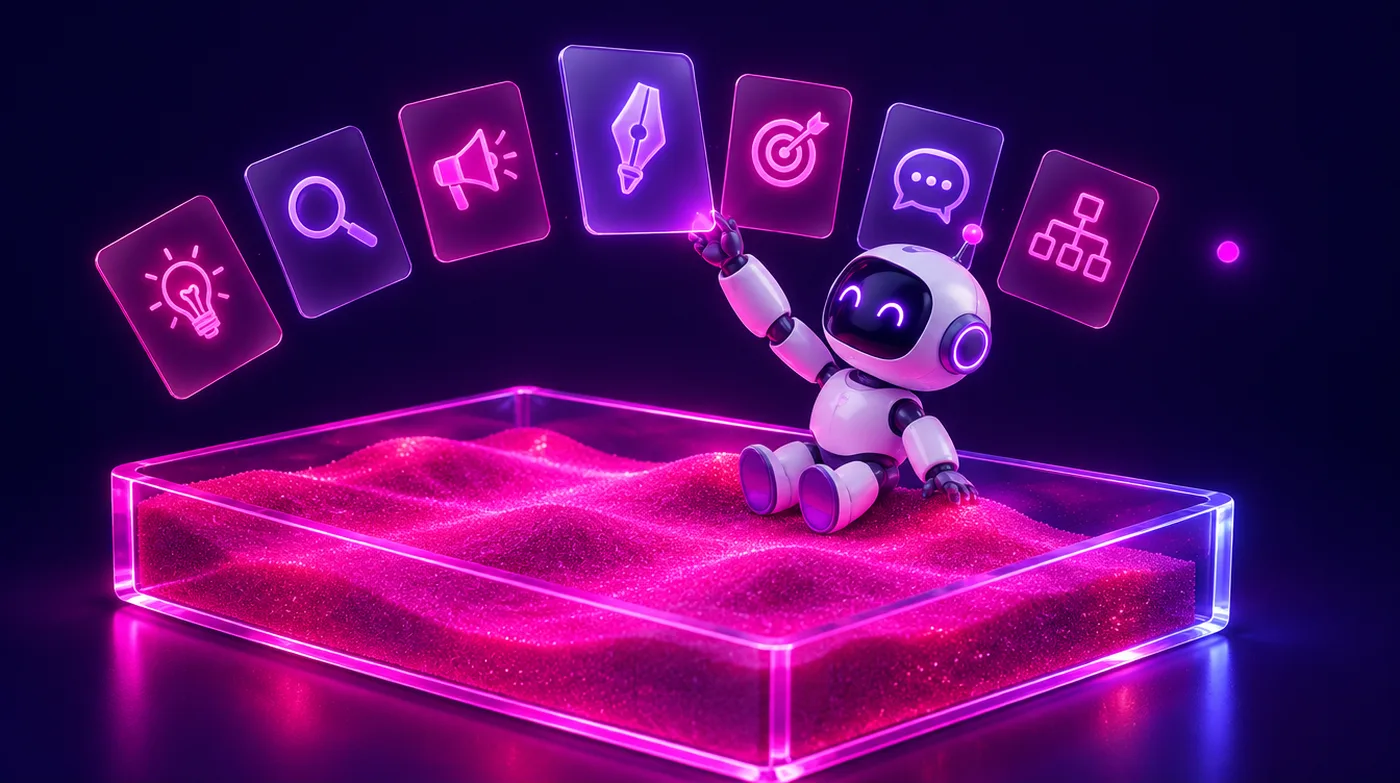 A small robot choosing from a fan of prompt cards