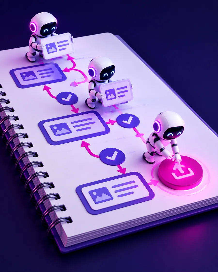 Helper robots moving articles along a workflow drawn in a guidebook
