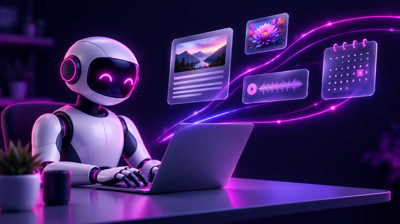 A friendly AI robot writing at a laptop while finished articles, images, audio and schedules float out to be published