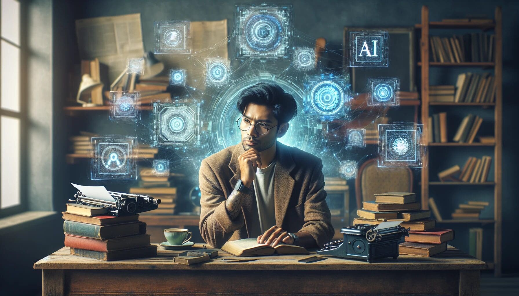 A blank canvas with a pencil and eraser, surrounded by brainstorming tools like books, a computer, and a notepad filled with scribbles and ideas