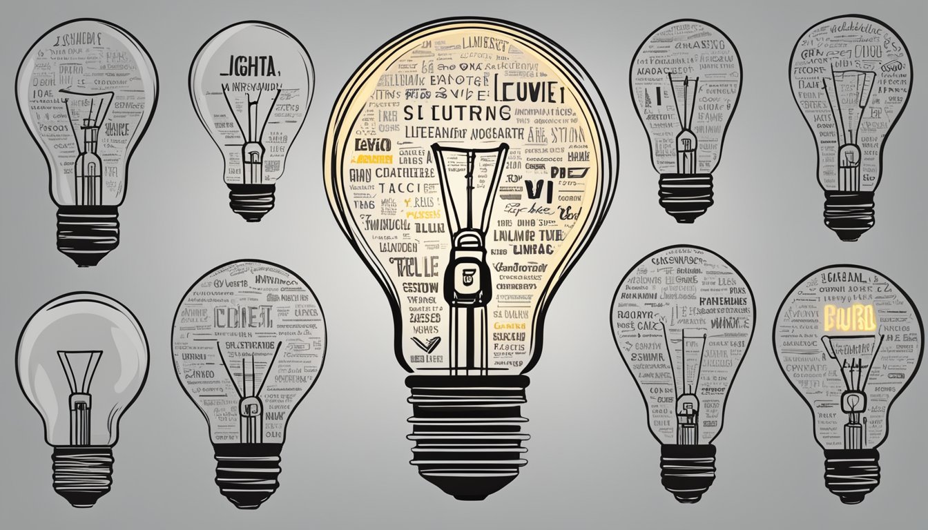 A lightbulb with a glowing filament surrounded by words and phrases in various fonts and styles, representing different slogans