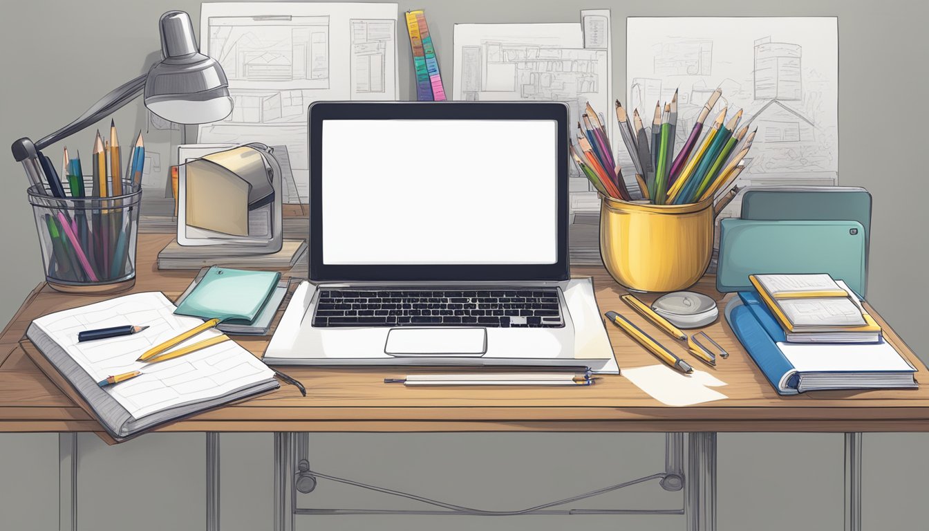 A blank canvas with a pencil and eraser, surrounded by brainstorming tools like books, a computer, and a notepad filled with scribbles and ideas