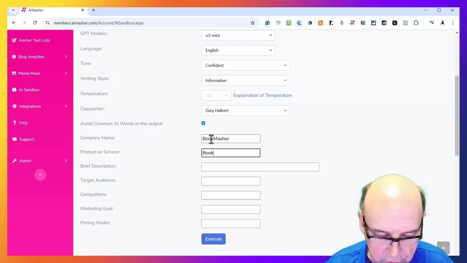 Inputting information for Bookmasher in AIMAsher